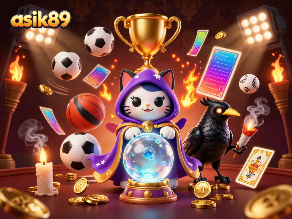 Experience the unique features of asik89 with a 3D mystic cat, raven, and sports elements.