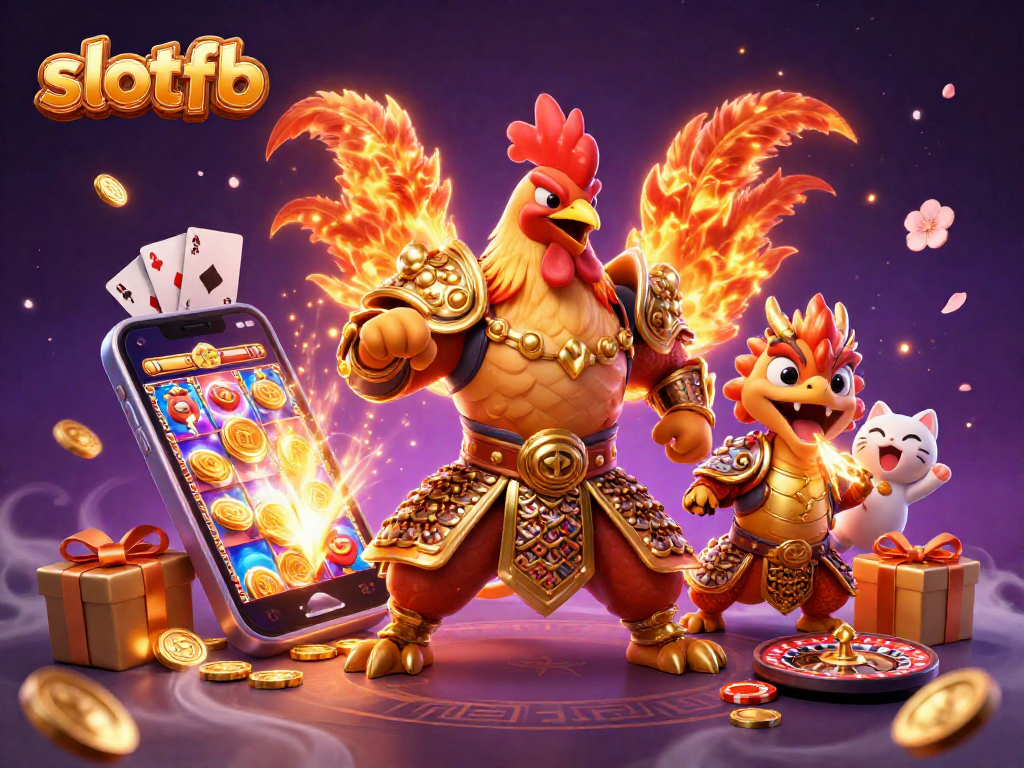Experience vibrant action at slotfb with a stunning 3D scene of a rooster warrior and dragon amidst gambling elements.