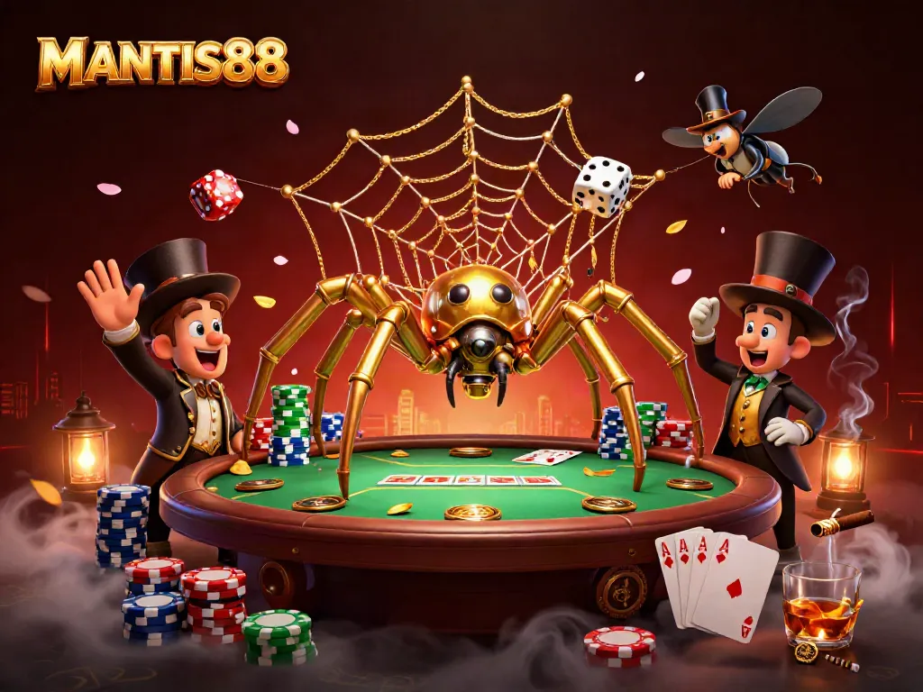 MANTIS88 spider capturing dice in a steampunk casino scene filled with poker elements and vibrant detail.