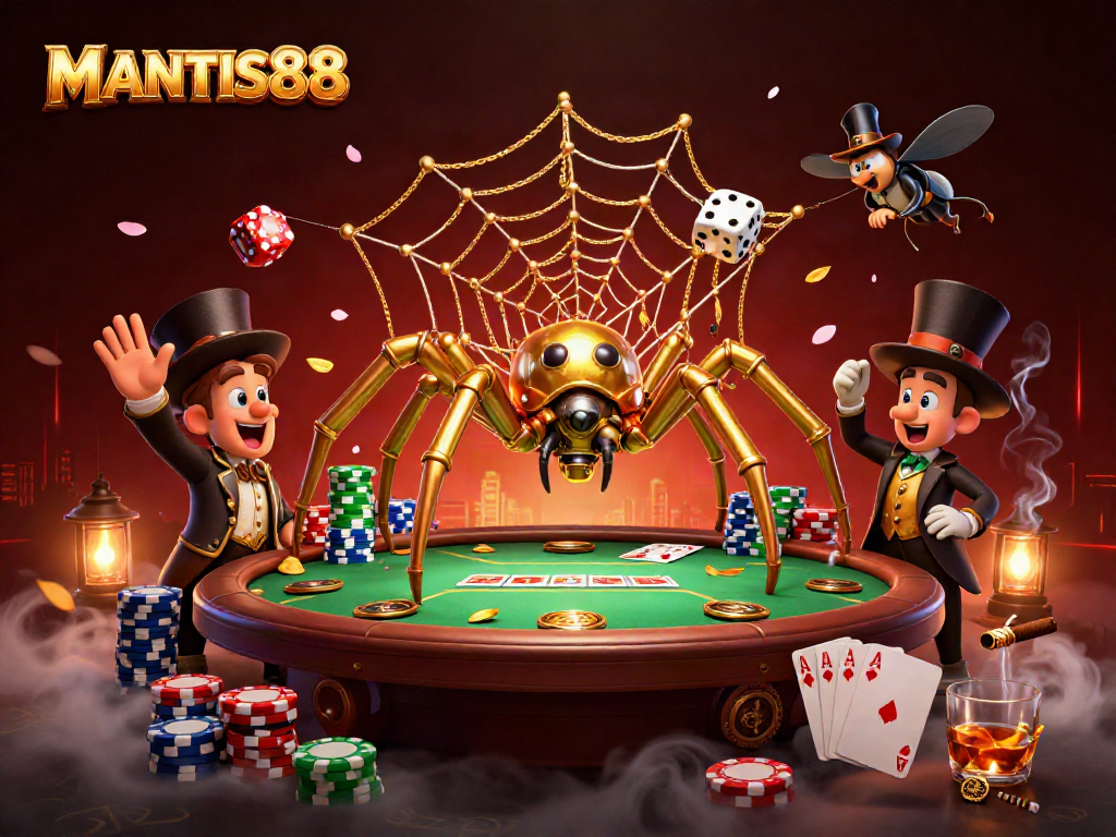 MANTIS88 spider capturing dice in a steampunk casino scene filled with poker elements and vibrant detail.