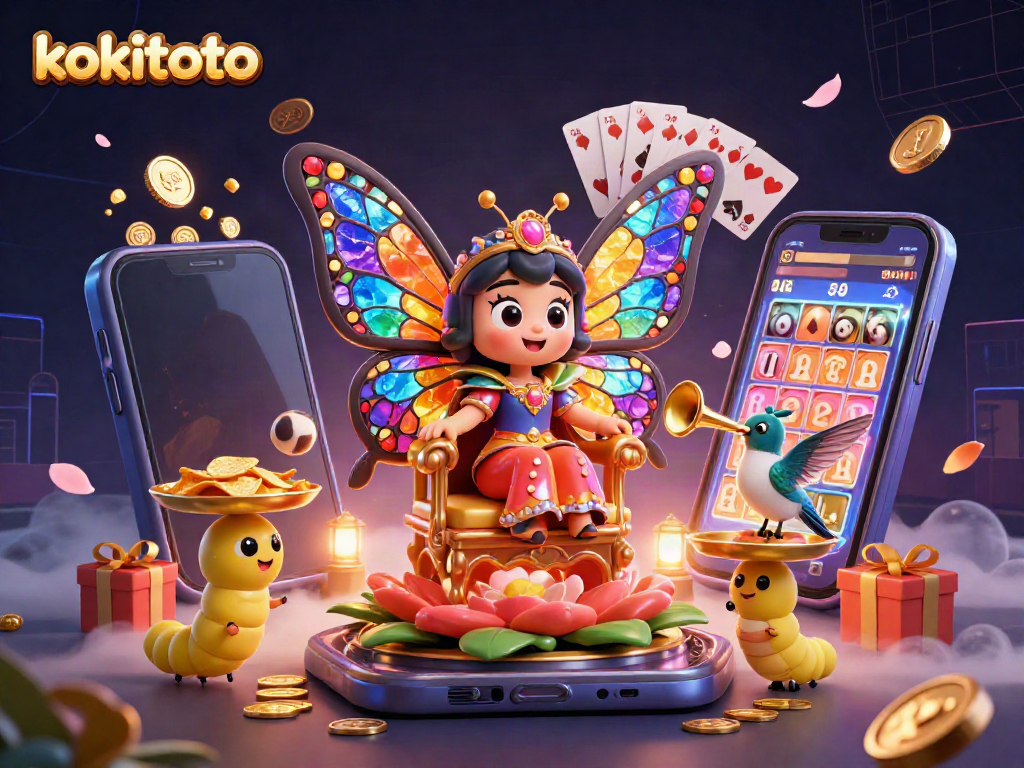 Akses KOKITOTO dengan tampilan menarik dan ramah seluler, dikelilingi elemen permainan togel.