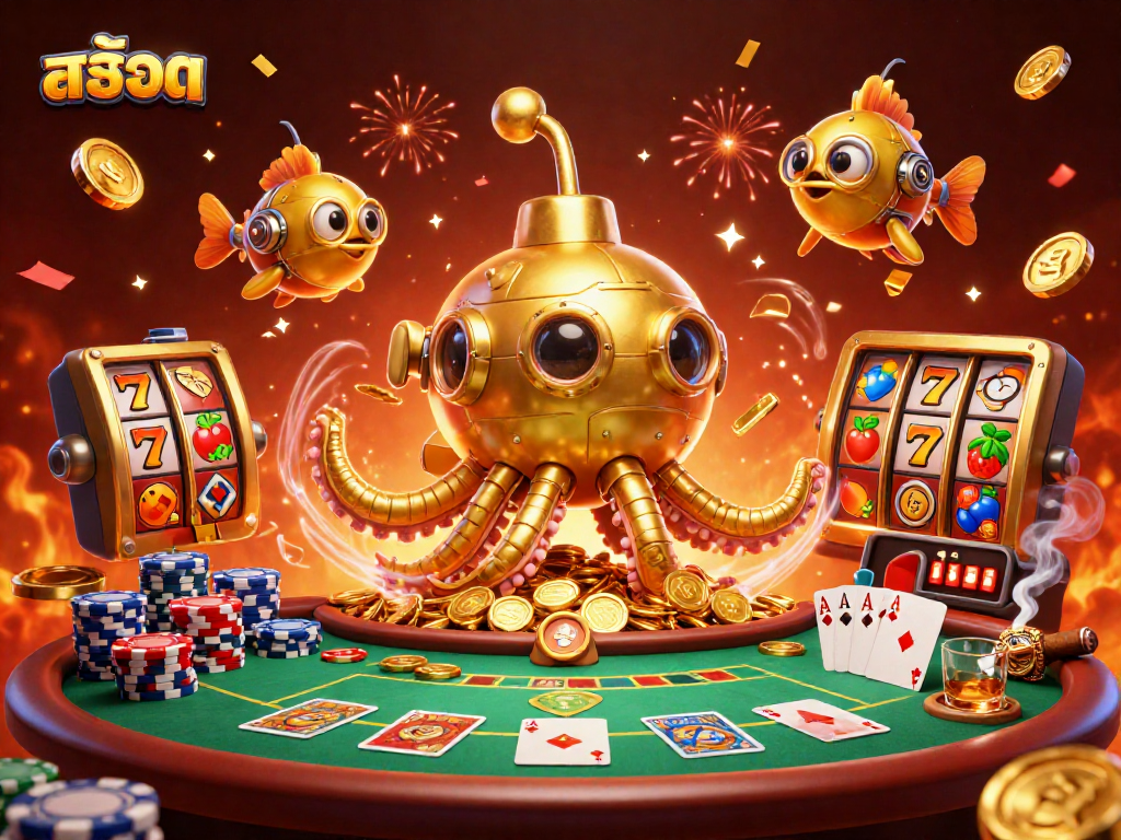 Experience thrilling สล็อต action with a golden kraken and poker excitement in a dynamic casino scene.