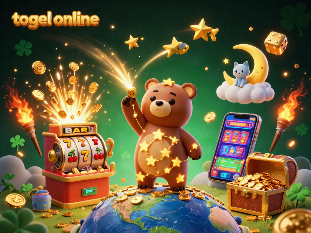 Menggali peluang togel online dengan ilustrasi kasino imersif, menampilkan bintang dan simbol keberuntungan yang berkilauan.