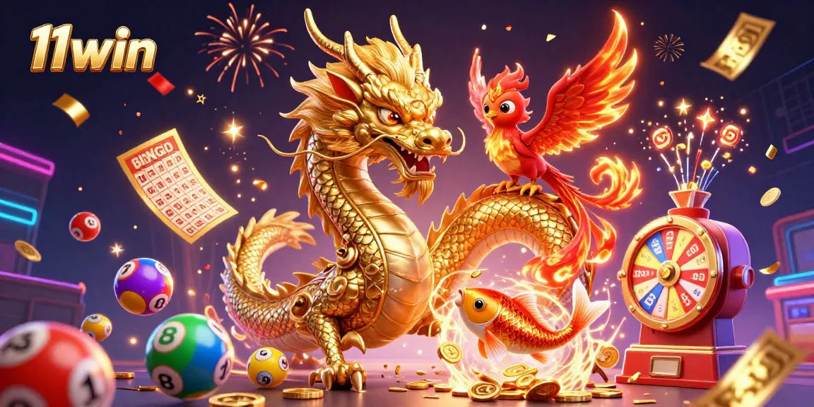 Experience thrilling luck with 11win featuring a dragon, phoenix, and koi amidst gaming elements.