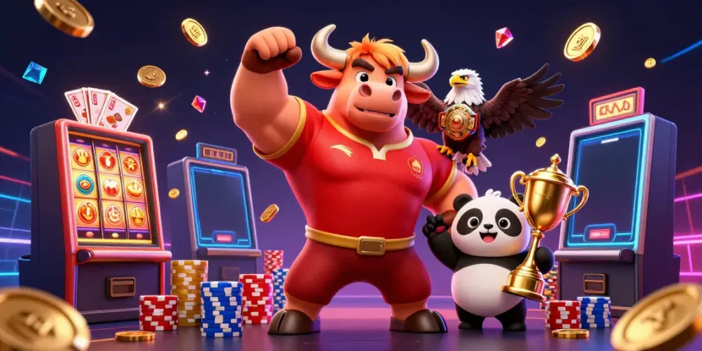Experience thrilling gameplay with MASTERSPIN188, featuring a bull mascot and vibrant slot machine elements.