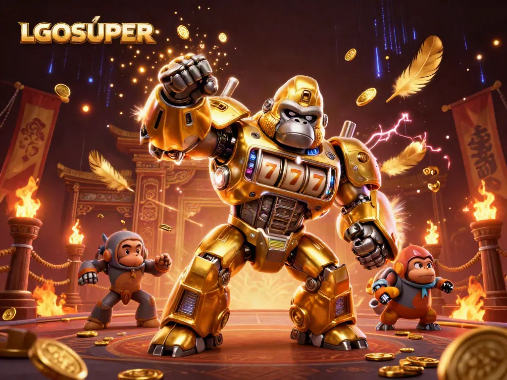 Join the action with LGOSUPER's golden gorilla mech unleashing jackpots in a dynamic casino showdown.