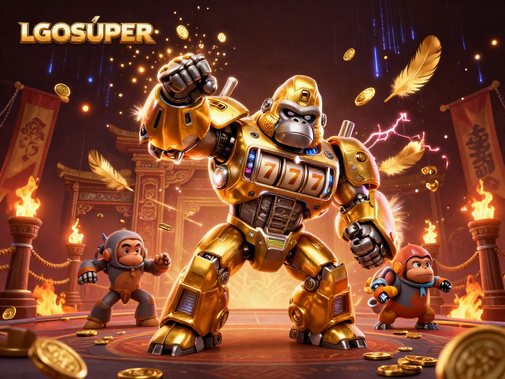 Join the action with LGOSUPER's golden gorilla mech unleashing jackpots in a dynamic casino showdown.
