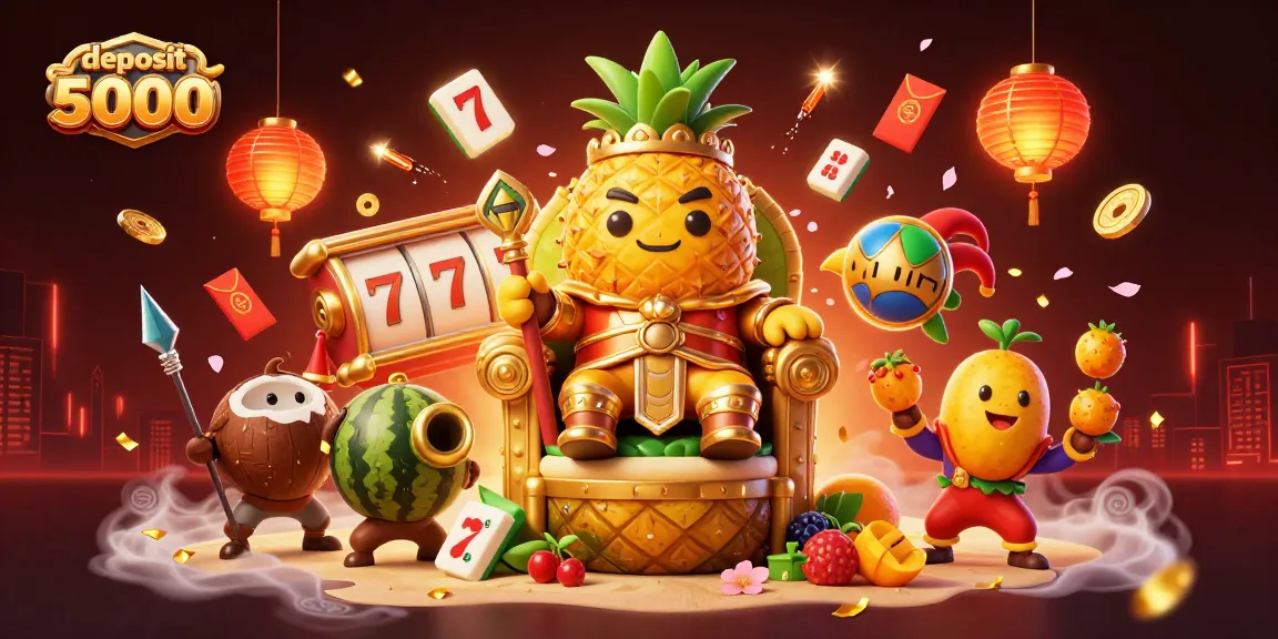 Play exciting slot games with deposit 5000, featuring golden pineapple king and vibrant casino elements.