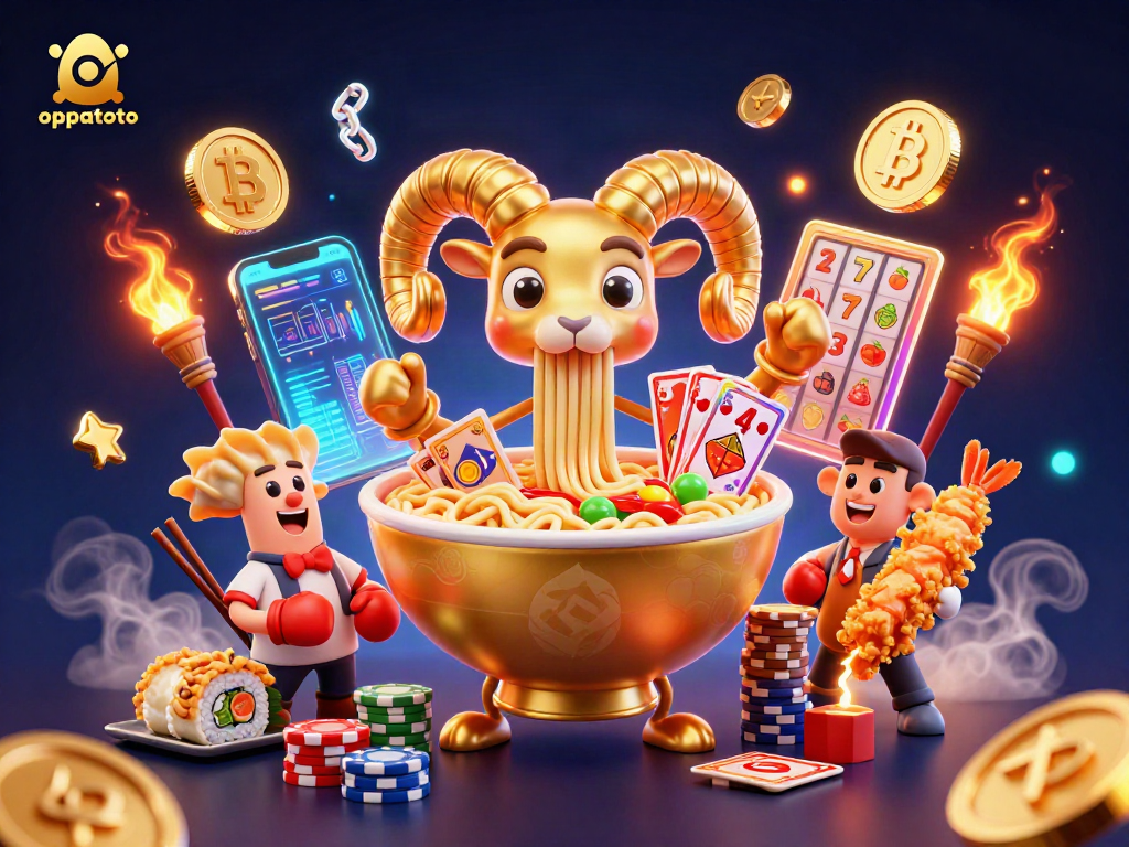Catch exciting oppatoto gameplay with a golden ramen bowl dealer amidst vibrant casino elements