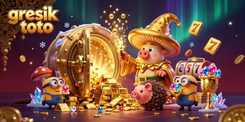 Experience the magic of gresik toto with golden treasures, exciting games, and vibrant characters in a casino atmosphere.