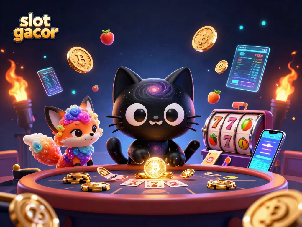 Bagian kasino yang menampilkan slot gacor dengan kucing hitam berbentuk lubang hitam dan rubah nebula menarik chip emas dan kartu.