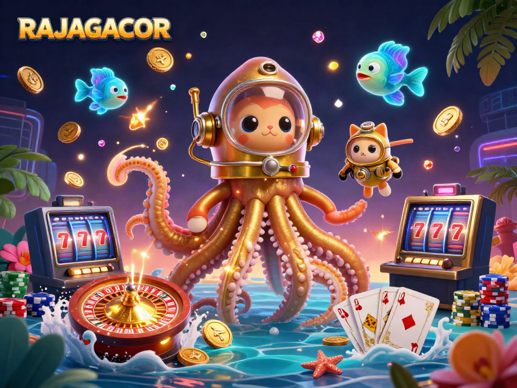 RAJAGACOR menampilkan ilustrasi kasino menarik dengan karakter unik dan elemen permainan.