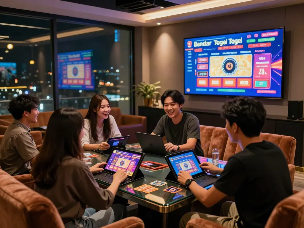 Bandar Togel gaming experience in a lively lounge with friends enjoying interactive gaming.