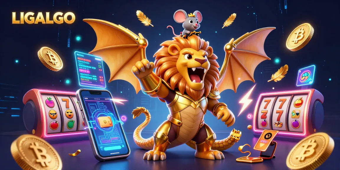 LIGALGO showcases an epic casino scene with a roaring chimera and cryptocurrency elements.