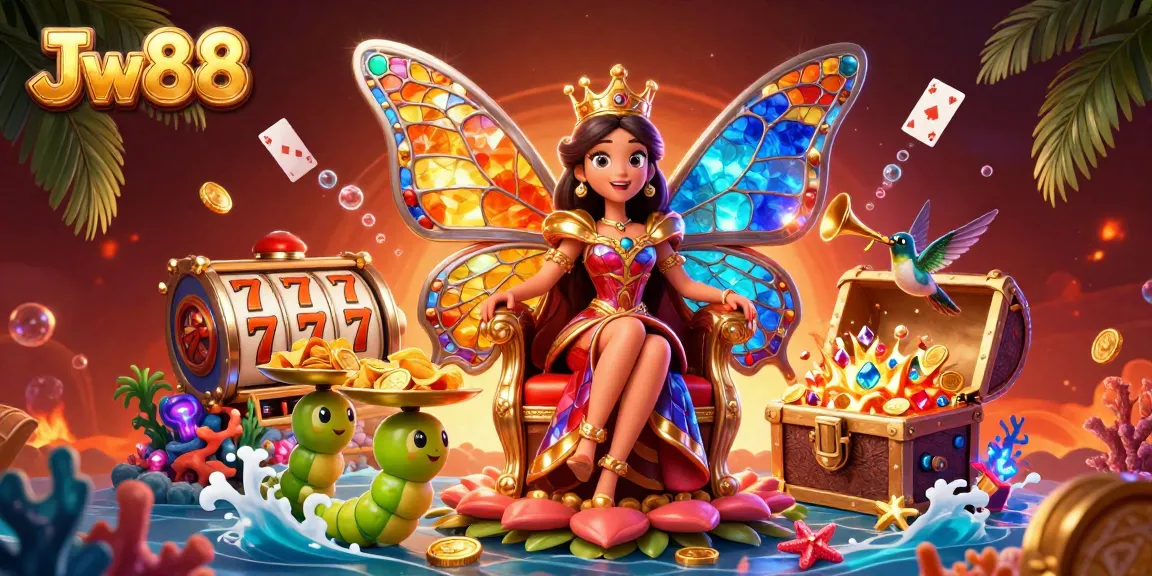 Spin the reels at Jw88: A vibrant casino scene with a butterfly queen and treasures.