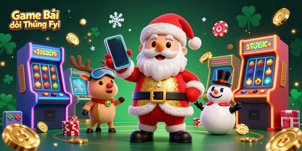 Experience the fun of Game Bài Đổi Thưởng Fyi with festive characters in a vibrant casino setting.