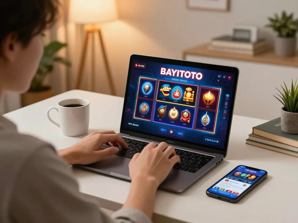 Experience thrilling gameplay with BAYITOTO's online slot games in a cozy home setting.