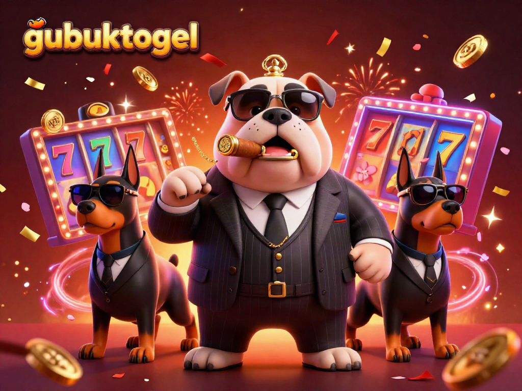 Gubuktogel menampilkan karakter kartun mafia bulldog dan doberman, dikelilingi ikon slot yang berkilauan.