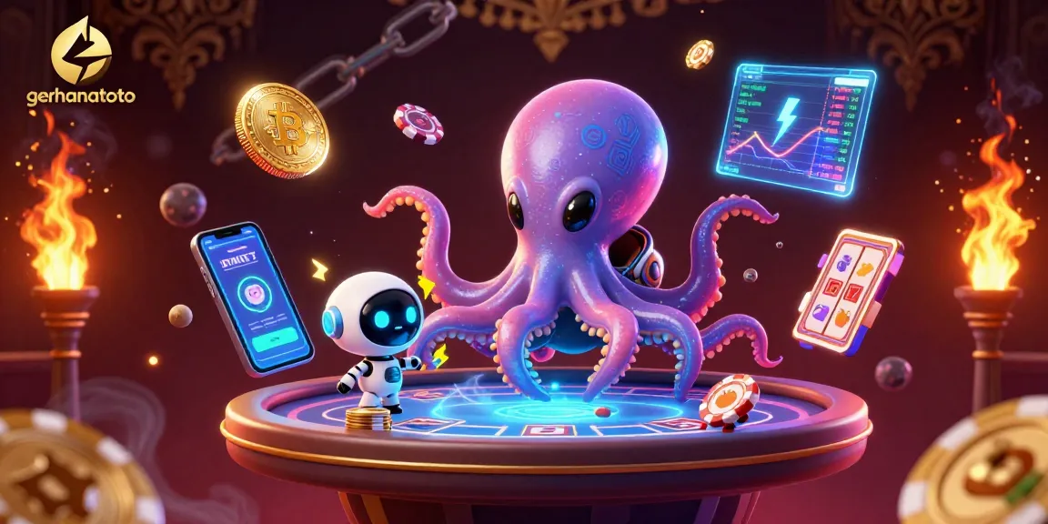 menampilkan gerhanatoto dengan alien gurita beraksi di meja poker holografis, dikelilingi simbol slot