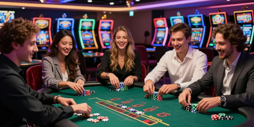 Friends enjoying a thrilling gaming moment at Seributoto casino.