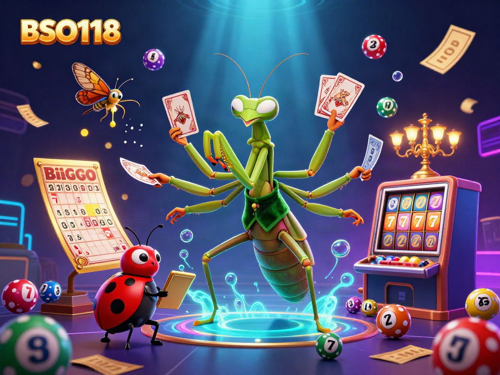 BSO118 brings vibrant gaming action to life with a dynamic casino scene featuring a giant mantis and ladybug characters.