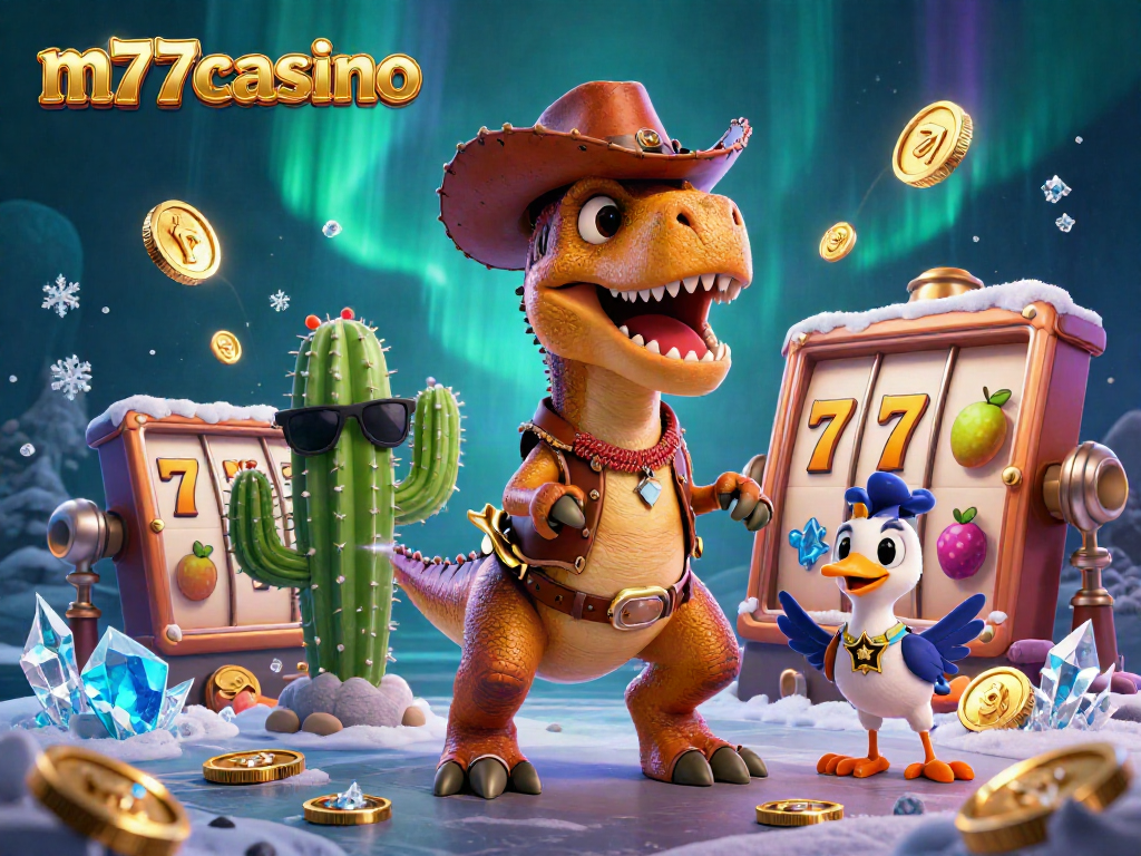 m77casino menyajikan ilustrasi menarik dengan T-Rex koboi dan simbol jackpot slot yang berputar.