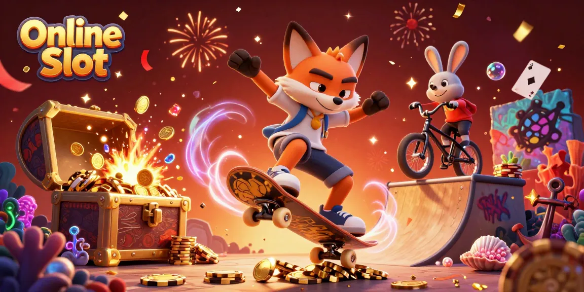 Experience thrilling action in an Online Slot scene with animated characters surrounded by slot-themed elements.