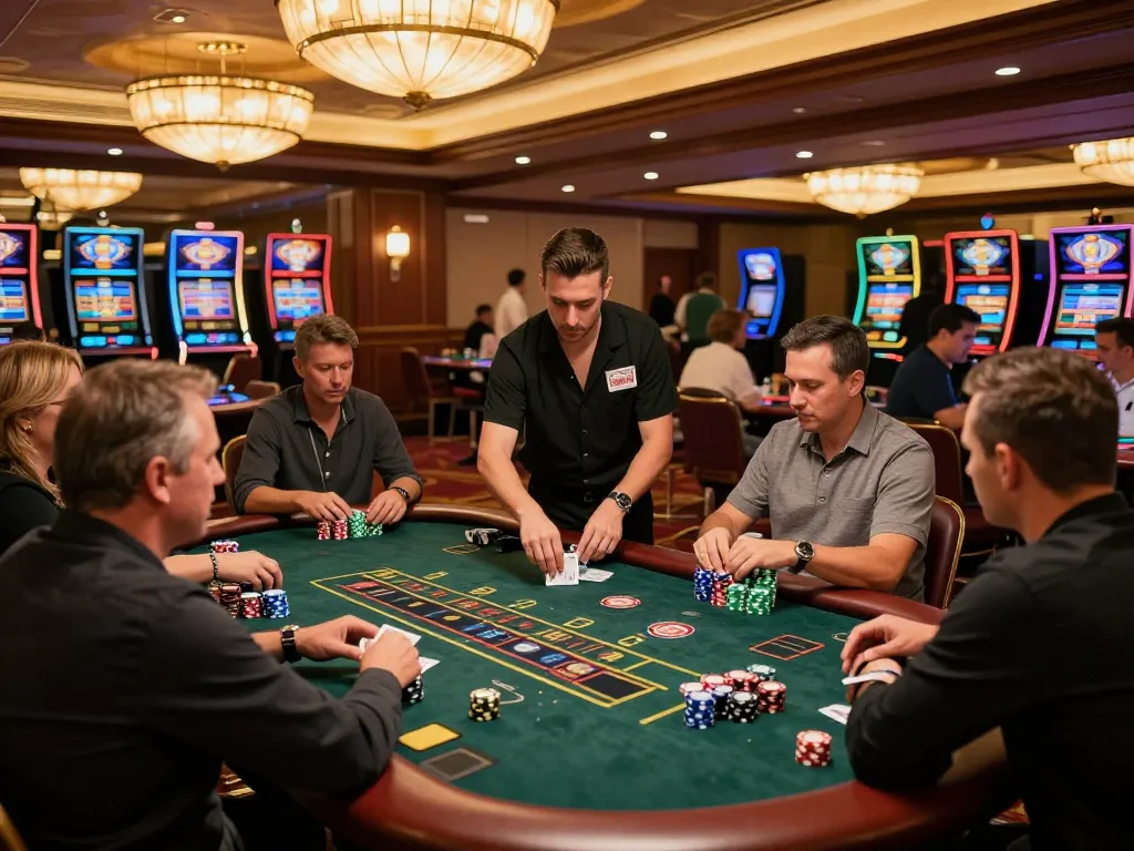 Players making strategic bets at 98win's thrilling blackjack table in a luxurious casino.