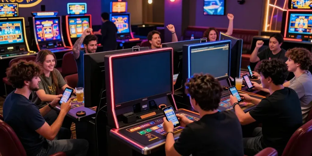 Suasana bermain taruhan slot di OMTOGEL dengan pemain merayakan kemenangan di ruang modern.
