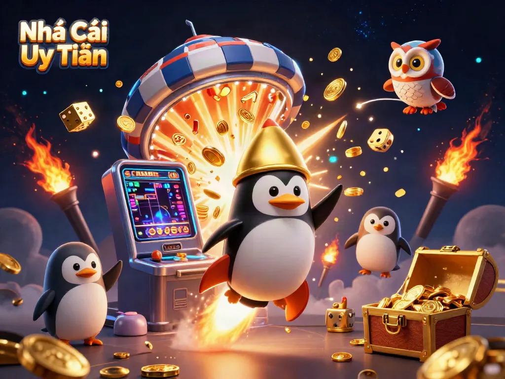 Experience the thrilling world of Nhà Cái Uy Tín with a golden penguin in a vibrant casino-themed scene.