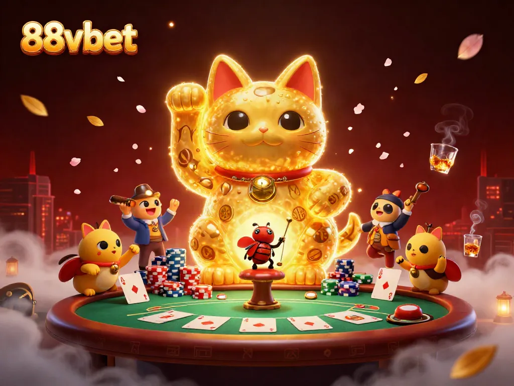 Experience the exciting world of 88vbet with stunning casino visuals featuring a lucky cat, poker symbols, and vibrant colors.