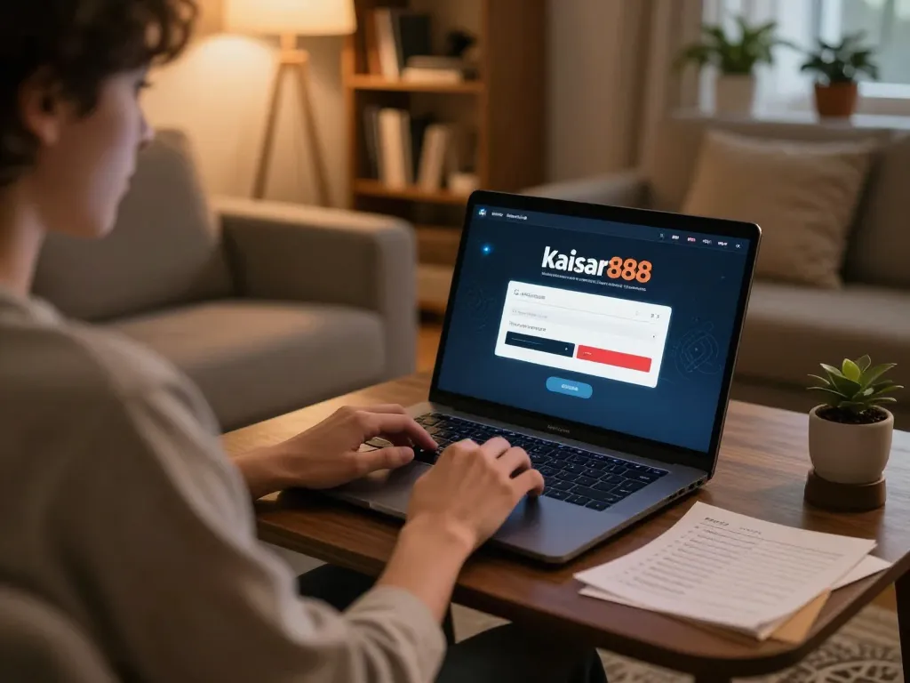 Engaging in online gambling at home with kaisar888 login visible on laptop screen.