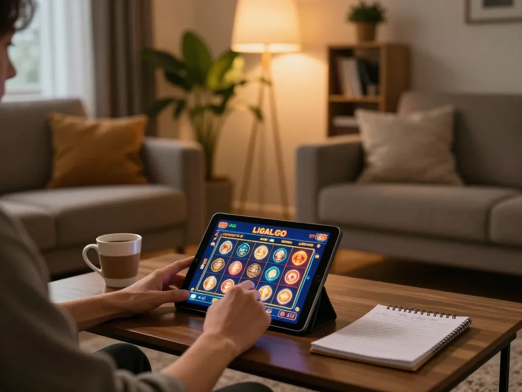 LIGALGO gaming experience on a tablet in a cozy home setting, showcasing online slot gameplay.