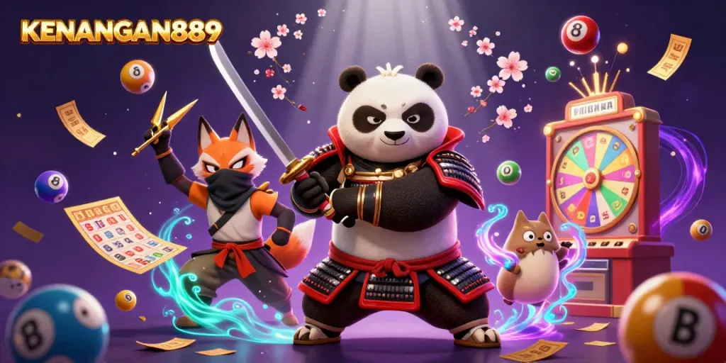 Engage with KENANGAN889 through vibrant lottery and gaming elements in a dynamic casino scene.