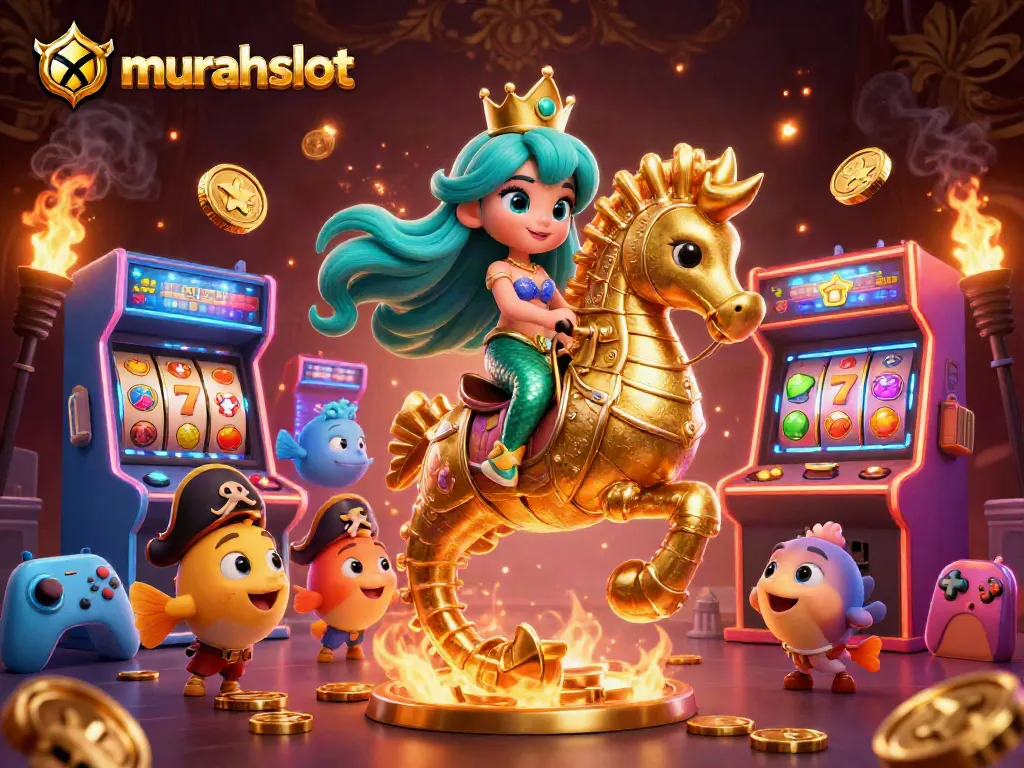 Experience the excitement of murahslot with a vibrant illustration of a mermaid princess riding a seahorse in a colorful casino adventure.