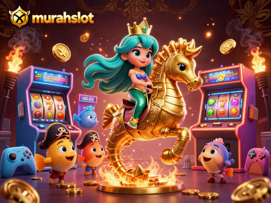 Experience the excitement of murahslot with a vibrant illustration of a mermaid princess riding a seahorse in a colorful casino adventure.