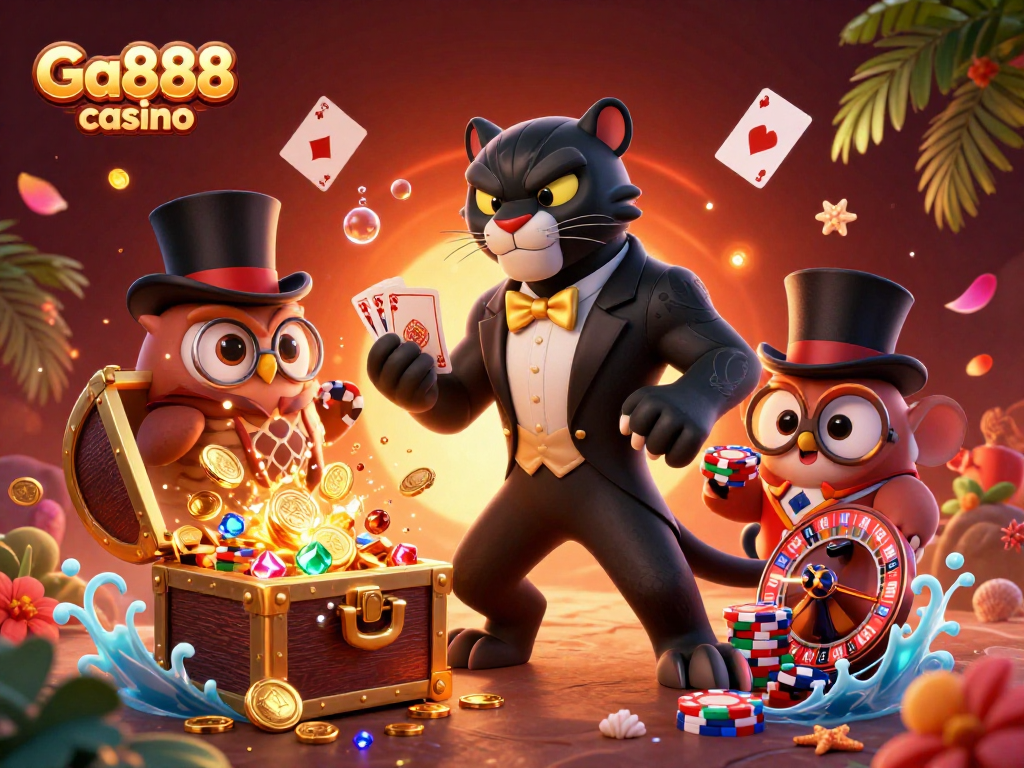 Engage with thrill at Ga888 casino, where a stylish panther deals cards amidst floating playing cards and a treasure chest.