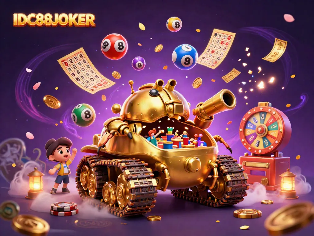 Experience the excitement of IDC88JOKER with a lively golden beetle casino and vibrant lottery elements.