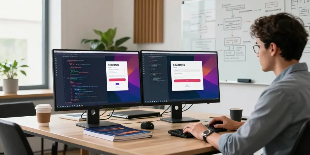 Antarmuka natunatoto login yang sedang diprogram di lingkungan kantor modern dengan pencahayaan alami.