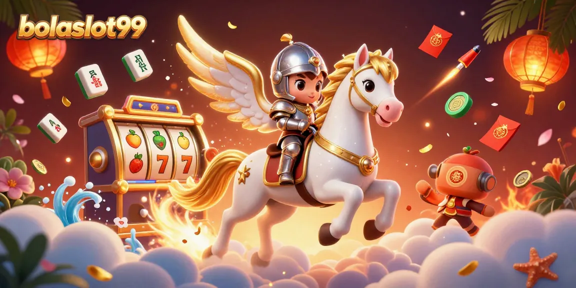 Bolaslot99 showcases a celestial horse galloping through clouds surrounded by dynamic slot game elements.