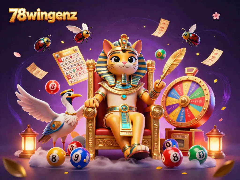 Engage in thrilling games at 78wingenz with vibrant lottery balls and a majestic pharaoh cat.