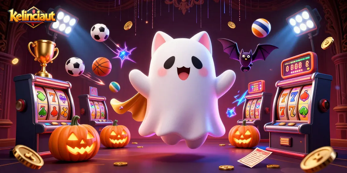 Engage with kelincilaut in this vibrant casino scene featuring a ghost cat and sports elements.