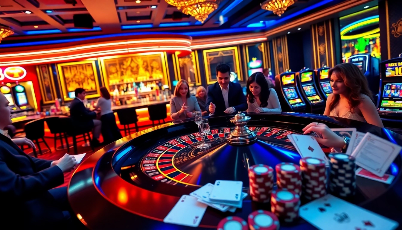 Exciting tg88 đăng nhập scene with players at a luxurious roulette table and vibrant casino atmosphere.