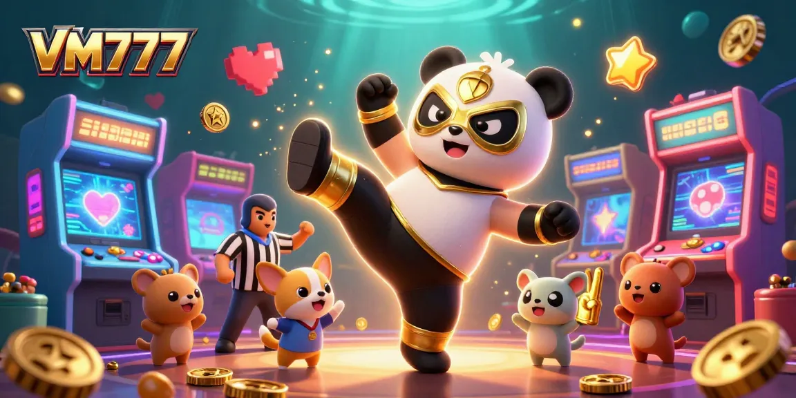 Experience the excitement of VM777 with a professional wrestler panda and vibrant gaming elements in a dynamic casino scene.
