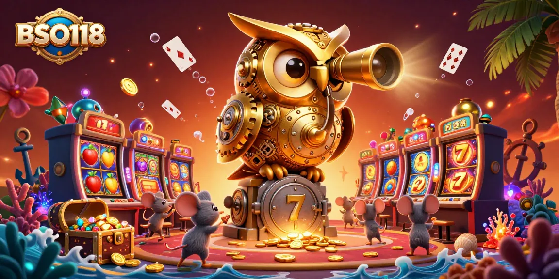 Experience the thrilling BSO118 casino scene with vibrant slots and animated characters.