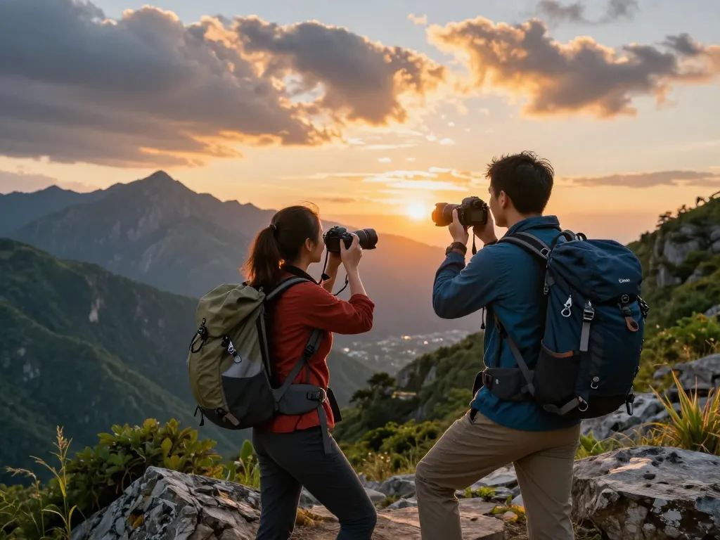 A couple enjoying a breathtaking sunset view during their Fly88 mountain adventure, embodying outdoor exploration.