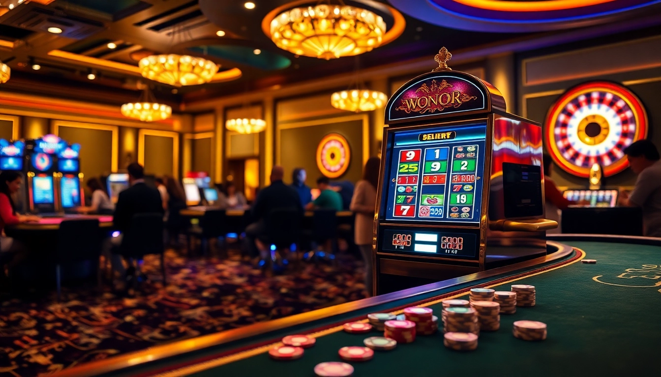 Engage with slot gacor excitement at a luxurious casino featuring vibrant slot machines and poker tables.