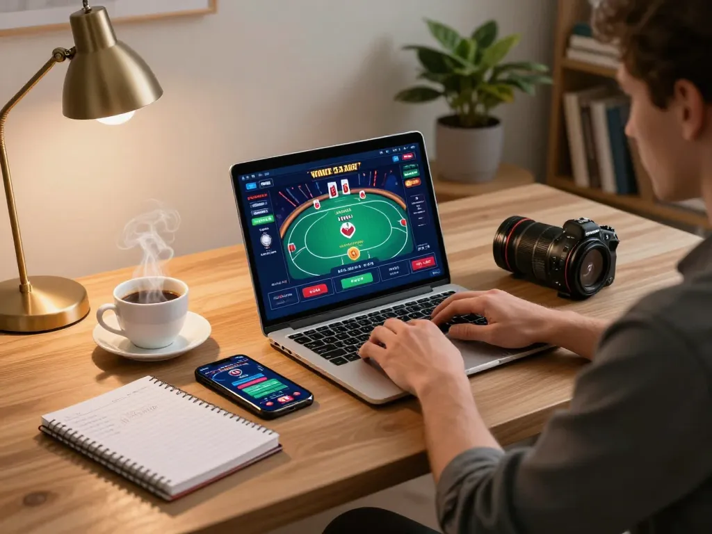 Player using net88's online poker platform on a premium laptop at home, highlighting strategic gaming.