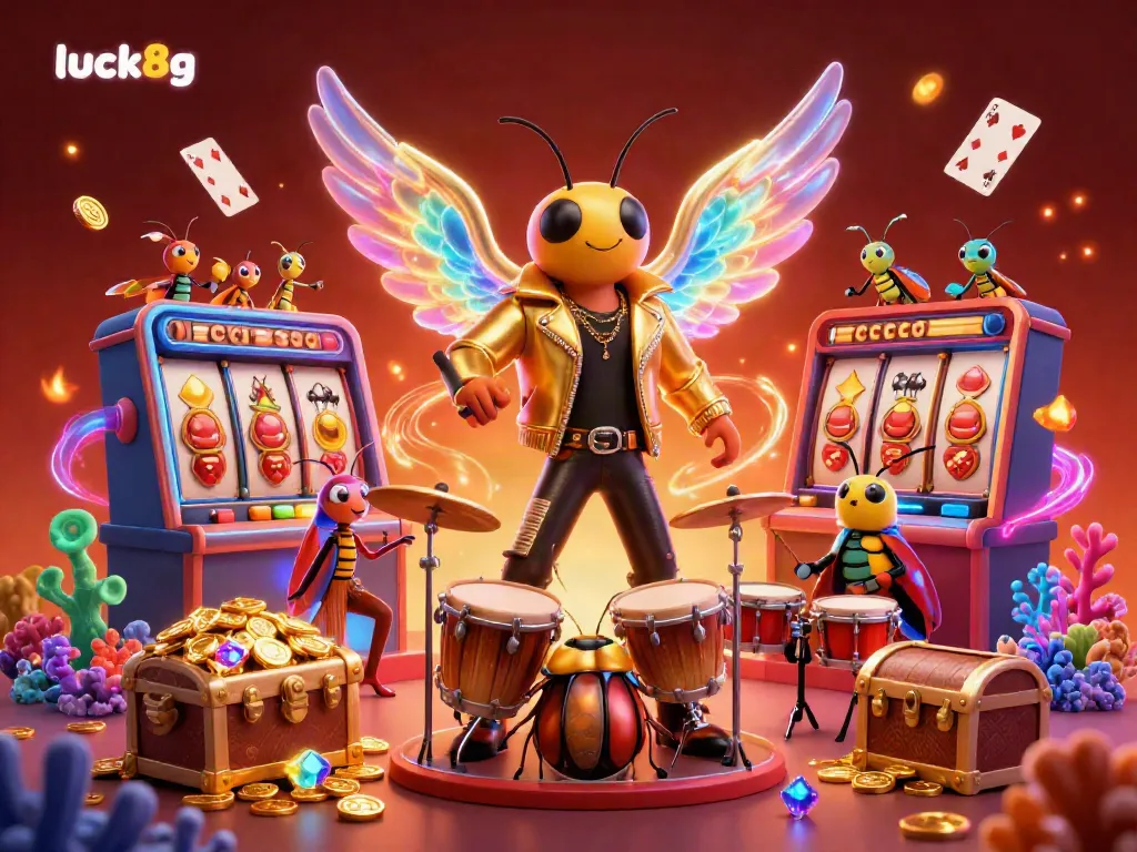 Win at luck8g with a vibrant casino scene featuring a cicada rock star, beetle drummer, and stunning game elements.