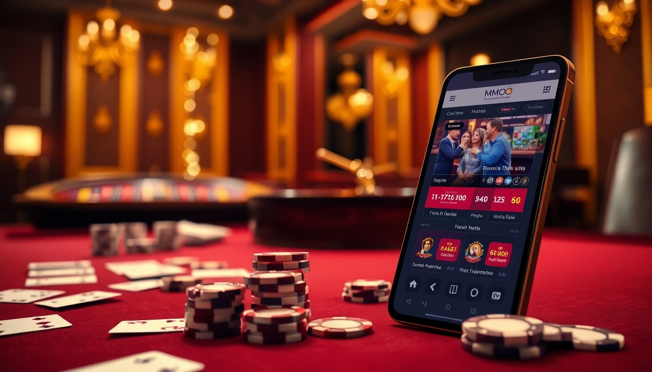 MMOO online casino scene showcasing luxury and excitement with gaming tables and mobile interface.